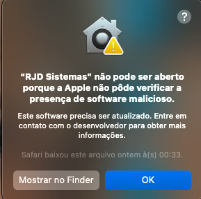 Aviso do macOS: RJD Sistemas não pode ser aberto