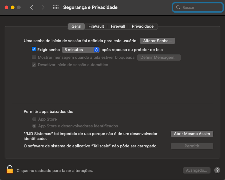 Ajustes do Sistema mostrando o botão Abrir Mesmo Assim